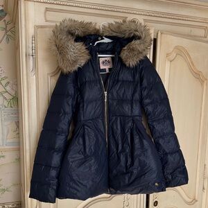 Girls Navy Puffer Jacket with Faux Fur Hood